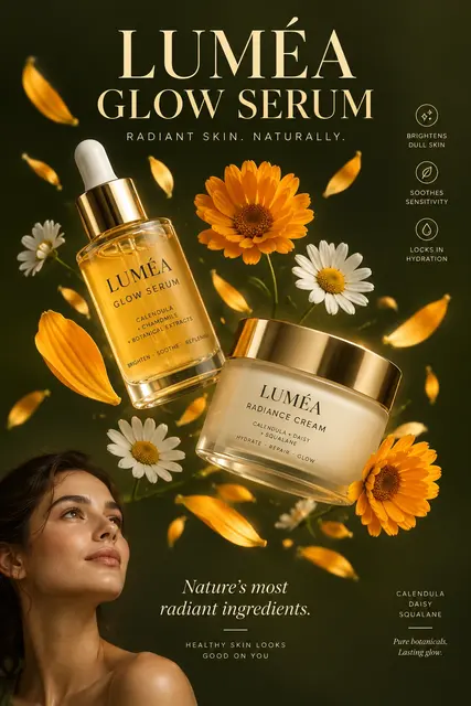 Ads Creative example: Premium skincare advertisement poster for a fictional brand 'LUMÉA': a glass serum bottle...