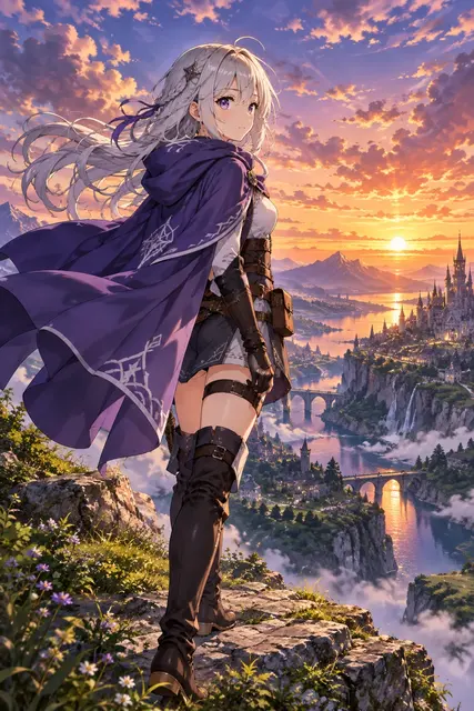 Anime Art example: Anime illustration of a young female adventurer with silver hair and a violet cloak standi...