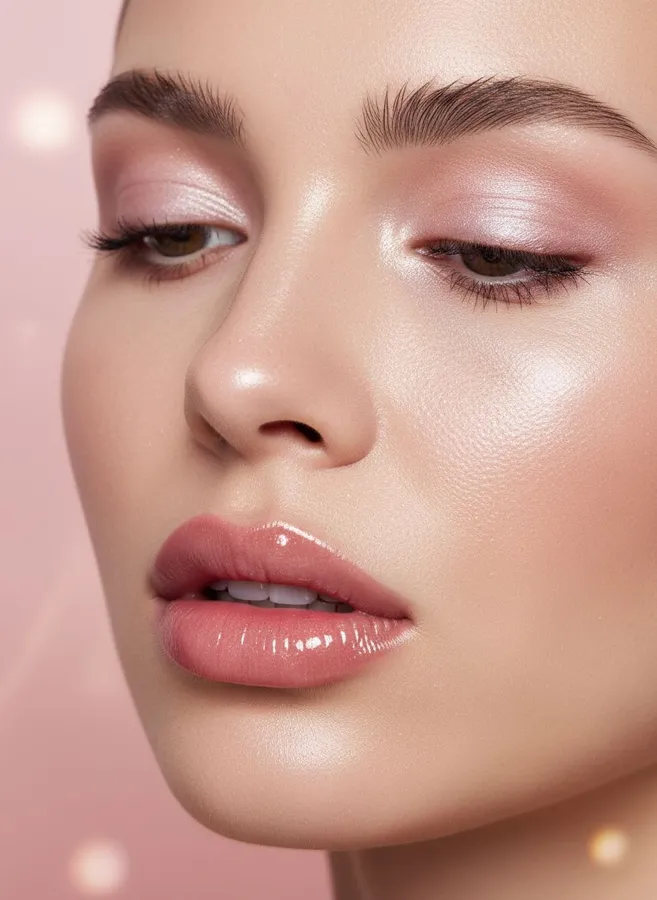 Beauty Ad example: Beauty close-up of a woman with dewy glowing skin and glossy lips, soft pink backdrop, hig...