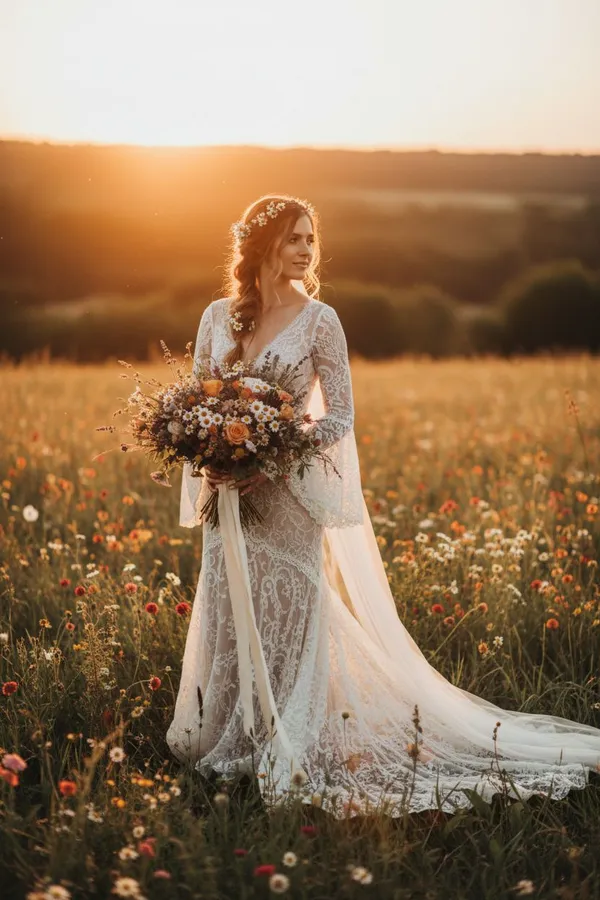 Wedding Photo example: A bride in a flowing boho lace dress in a field of wildflowers at golden hour holding a bo...