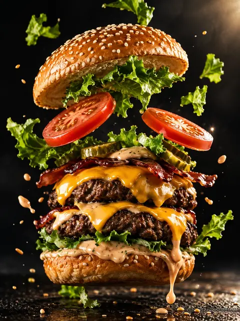 Food Photo example: Juicy gourmet burger with melting cheese and sesame bun, sauce dripping, flying lettuce an...