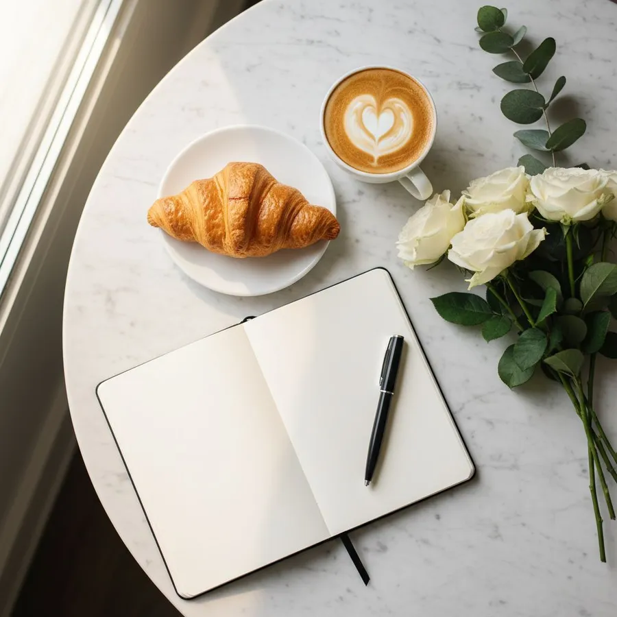 Lifestyle Photo example: Top-down flat lay of a cappuccino, croissant, open notebook and fresh flowers on a marble...