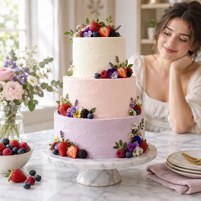 Food Photo example: Elegant three-tier pastel cake decorated with fresh berries and edible flowers on a marble...