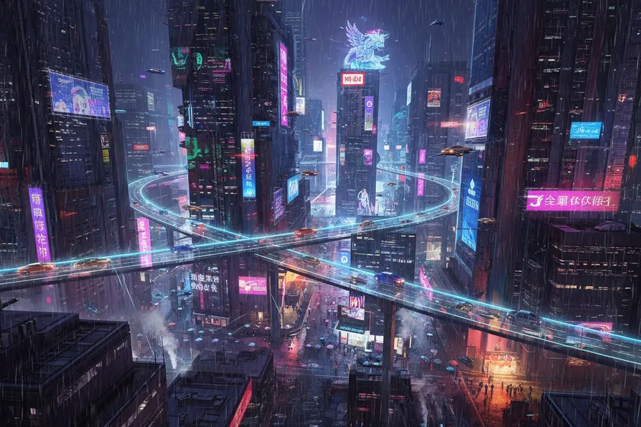 Concept Art example: Futuristic cyberpunk city at night with neon signs, flying cars and rain, cinematic concep...