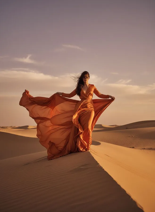 Fashion Editorial example: High fashion photo of a model in a flowing orange silk gown in the Sahara desert dunes, dr...