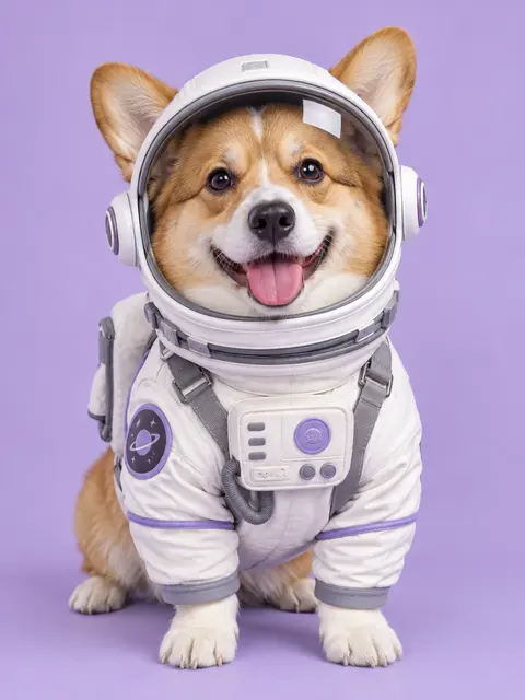 Example photo of a corgi wearing an astronaut suit on a lavender background
