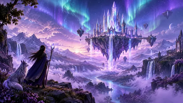 Concept Art example: Epic fantasy landscape with a floating crystal castle above a misty violet valley, waterfa...