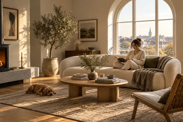Interior Design example: Cozy Scandinavian living room interior with a boucle sofa, arched window, warm afternoon l...
