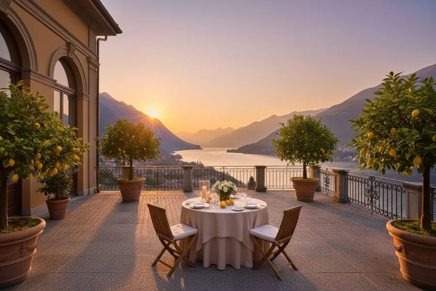 Travel Photo example: Luxury villa terrace overlooking Lake Como at sunset with lemon trees and a table set for...