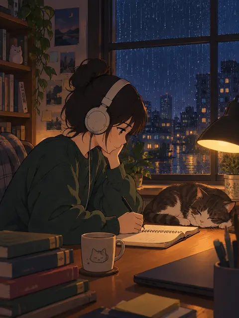 Illustration example: Lo-fi illustration of a girl with headphones studying at a desk by a rainy window at night...