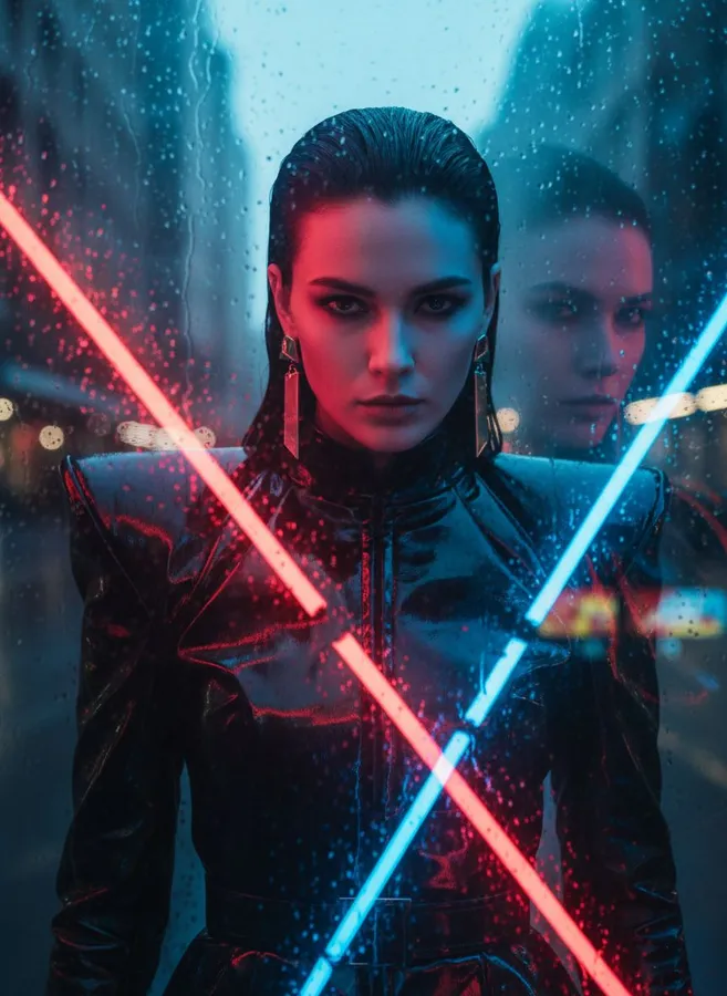 Cinematic Portrait example: Cinematic portrait of a woman with sleek black hair lit by red and blue neon, reflection i...