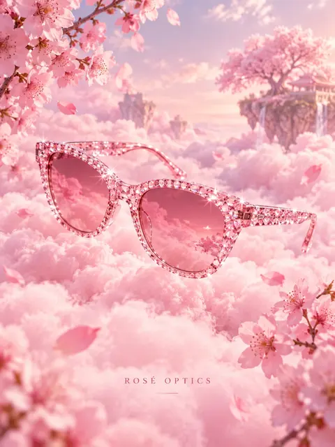 Ads Creative example: Glittering pink crystal-studded sunglasses floating on soft pink cotton-candy clouds with...