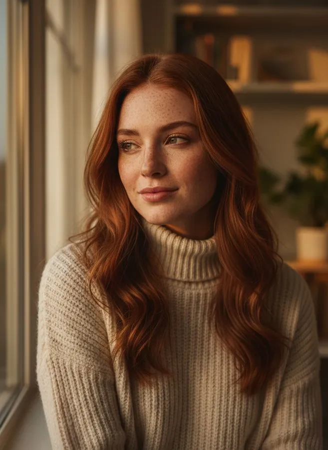 Portrait Photo example: Editorial portrait photo of a woman with freckles and auburn hair in soft golden window li...