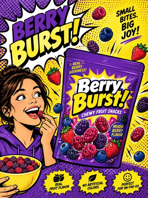 Ads Creative example: Pop-art comic style ad for a fictional snack pouch named 'Berry Burst!', purple and yellow...