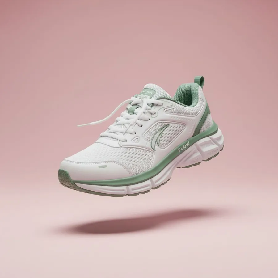 Product Photo example: Product photo of a white and sage green running sneaker floating above a pastel pink backg...