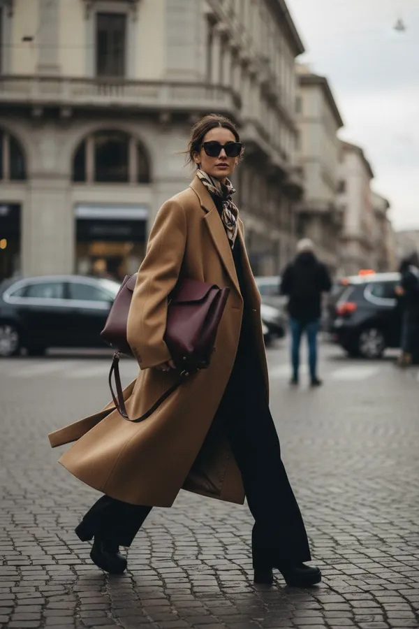 Fashion Photo example: Street style fashion photo of a woman in an oversized camel coat and sunglasses walking in...