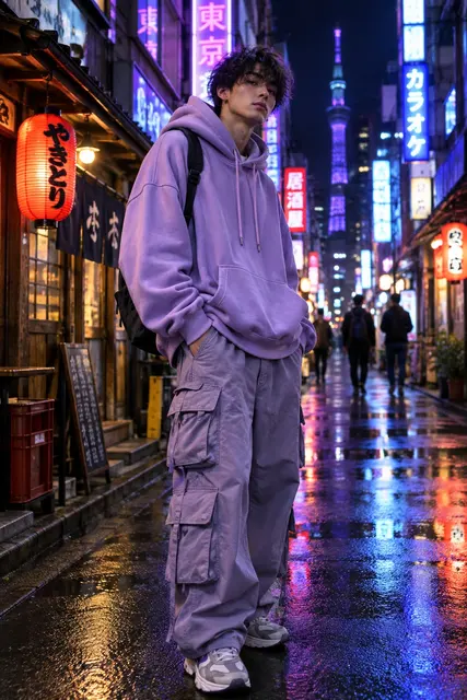 Fashion example: Street style fashion photo of a young man in an oversized lavender hoodie and cargo pants...