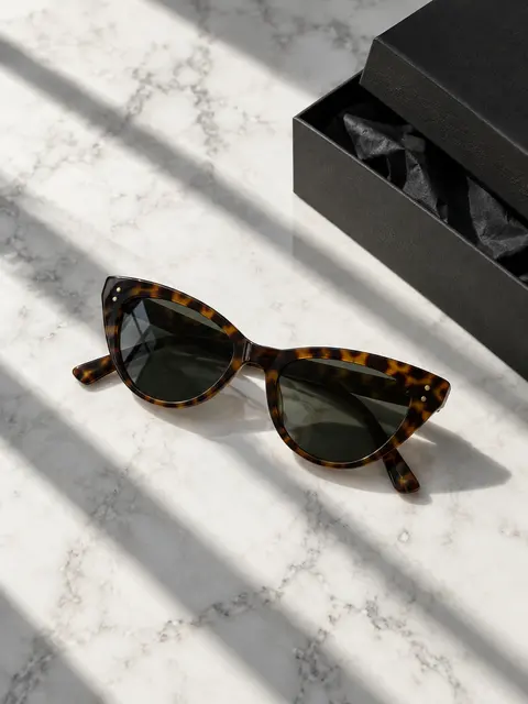 Product Photo example: Tortoiseshell cat-eye sunglasses lying on white marble with dramatic diagonal window shado...