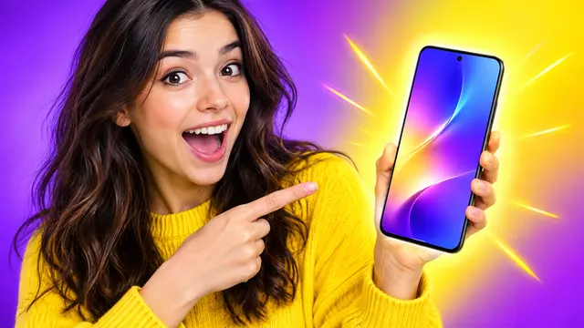 YouTube Thumbnail example: YouTube thumbnail style image: excited young woman pointing at a glowing new smartphone, b...