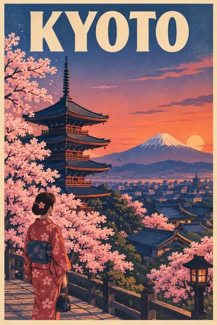 Poster Design example: Vintage-modern travel poster of Kyoto with a pagoda, cherry blossoms and Mount Fuji at dus...