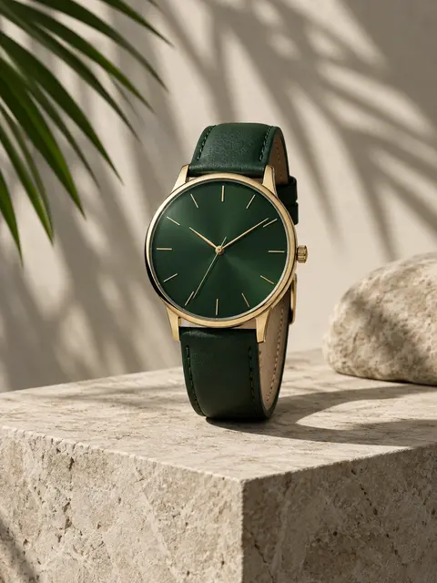 Product Photo example: Minimalist luxury wristwatch with a deep green dial on a stone pedestal, soft shadow and p...